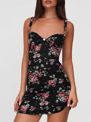 Jacquard Flower Print Dress Women Low-Neck Backless Sleeveless Sexy Midnight Club Fashion Beach Party Slim Mini Bodycon voguable