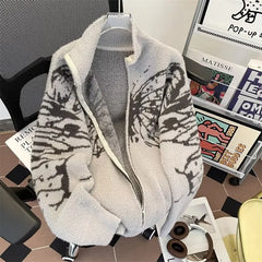 Y2k Harajuku Zipper Cardigan Man Women Vintage Butterfly Turtleneck 2024 American Mink Fur Soft and Lazy Style Sweater Jacket voguable