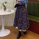 Voguable Vintage Floral Midi Skirt Women Lace Patchwork High Waist A Line Loose Casual Skirts Fall Winter Retro Harajuku Elegant Skirt voguable