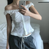 Voguable French Style Button-up Tank Top Women Chic Elegant Ruched Lace Stitching Slash Neck Camisole Cute Slim-fit Vest Y2K voguable