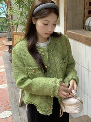 Sweet Green Tweed Jackets Women Vintage Long Sleeve Casual Coat Korean O Neck Fall Winter Retro All Match Elegant Outwear Tops voguable