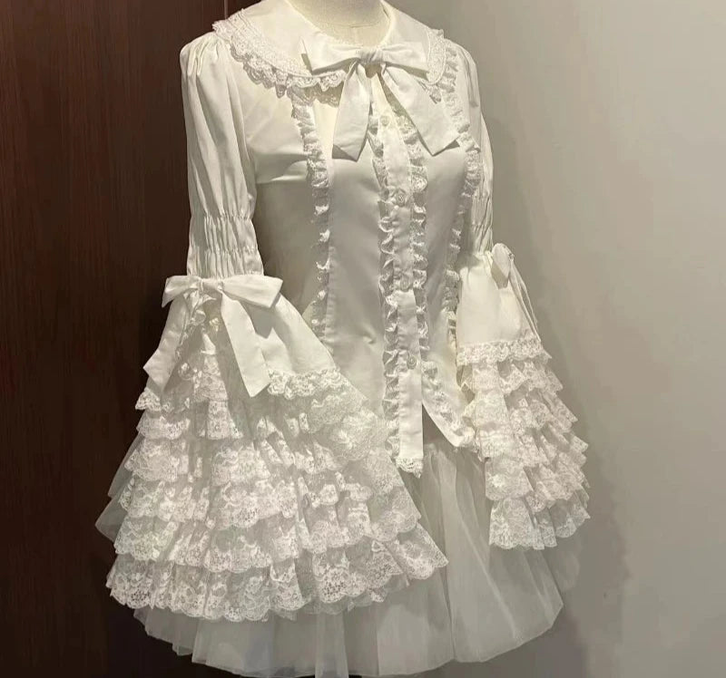 Victorian Vintage Lolita Style Shirts Women Gothic Y2k Bow Lace Ruffle Flare Long Sleeve Blouse Japanese Sweet Elegant Cute Tops voguable