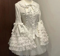 Victorian Vintage Lolita Style Shirts Women Gothic Y2k Bow Lace Ruffle Flare Long Sleeve Blouse Japanese Sweet Elegant Cute Tops voguable