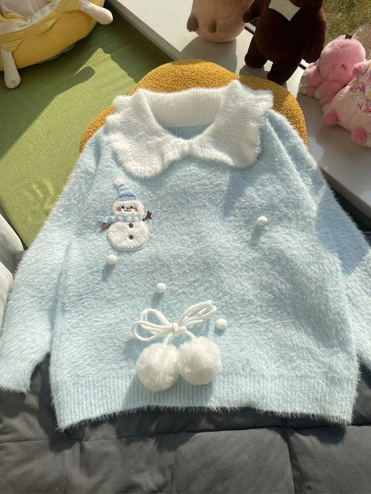 Sweet Faux Mink Cashmere Sweaters Women Kawaii Snowmen Long Sleeve Knitted Pullover Casual Cute Preppy Style Chic Loose Jumpers voguable