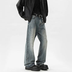 Summer Men's Denim Pants Old Blue Washed Male Jeans Straight fleck Casual Menwear Loose Wide Leg Trousers 2024 New Fashion voguable