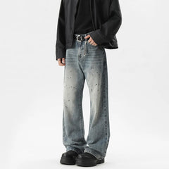 Summer Men's Denim Pants Old Blue Washed Male Jeans Straight fleck Casual Menwear Loose Wide Leg Trousers New Fashion