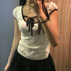 Voguable Y2K Floral Print T-shirt Women's Summer Contrast Color Lace-up Square Collar Short Sleeve Tops French Style Cute Tees voguable