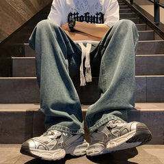 Straight Jeans men Elastic waist Spring New Vintage Casual Baggy Jeans Korean Youth Trousers Classic Wide Leg Denim Pants