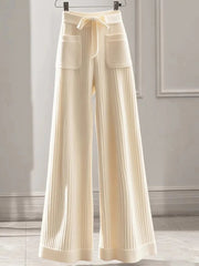 Elegant Sweet Knitted Pants Women Loose Fashion Pockets High Waist Trousers Casual Lady Fall Winter Lace Up Chic Wide Leg Pant voguable