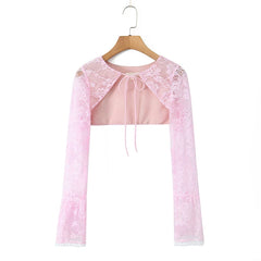 Women Sexy Elegant 2pcs Pink Lace Dresses Thin Straps + Long Sleeve Crop Top Christmas Party Mini Dress Birthday Robe