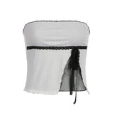 See Through Lace Stitched Corset Top Vintage 2000s Casual Contrast Patchwork Strapless Tube Crop Top Women Summer y2k Tee voguable