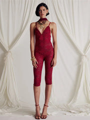 Red Lace Sexy Playsuits Women Rompers Halter Spaghetti Strap V Neck Sleeveless Backless Skinny Club Playsuits New voguable