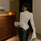 Harajuku Fashion Women Bandage Shirts Y2k Korean All Match Streetwear Female Slim Blouse Spring Casual White Bell Sleeve Shirt voguable