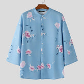 2025Men Shirt Flower Printing Stand Collar 3/4 Sleeve Oversize Men Clothing Streetwear Korean Style Casual Male Shirts voguable