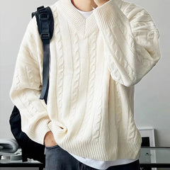 New American Retro Men Jacquarded Sweater Casual V Neck Solid Color Long Sleeve Knitwear Premium Quality Knitted Pullovers M-2XL voguable