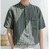 Voguable Men Clothing Trendy Japanese Style Vintage Striped Print Short Sleeve Shirt Summer Simple Casual Stand Collar Loose Cotton Tops voguable