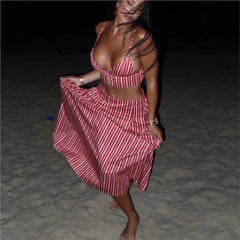 Stripe Bras And Pleat Skirt Sets Sexy Casual Boho Crop Top + Skirts Two Piece Set Vacation Woman Clothing 2025 New Summer Suit voguable