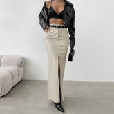 Sexy Slit Pu Leather Skirts Women High Waist Streetwear Slim Female Midi Skirts Y2K Korean Elegant Party Night Lady A Line Skirt voguable