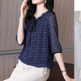 Voguable Printed Blouse for Women Summer Short Sleeves Tied Bow Stand Up Collar New Fashion Versatile for Sisters voguable