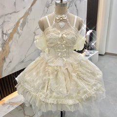 Voguable Elegant Japanese Sweets Lolita Jsk Dresses Kawaii Women Vintage Lace Mesh Princess Strap Dress Harajuku Lolita Cosplay Clothing voguable