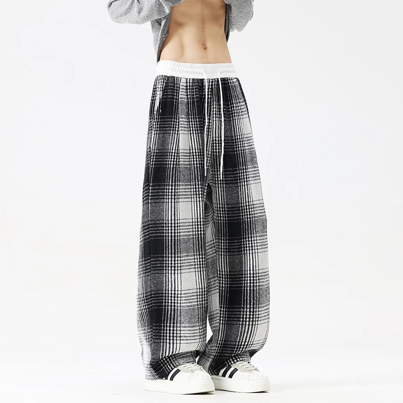 Autumn Thick Pants Men Warm Fashion Retro Plaid Pants Men Japanese Streetwear Loose Wide Leg Pants Men Vintage Trousers M-3XL voguable