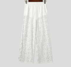 Lace Long Pants Men Casual Pants See-through Long Trousers Party Streetwear Fashion Solid Color Summer Hollow Out Pants voguable