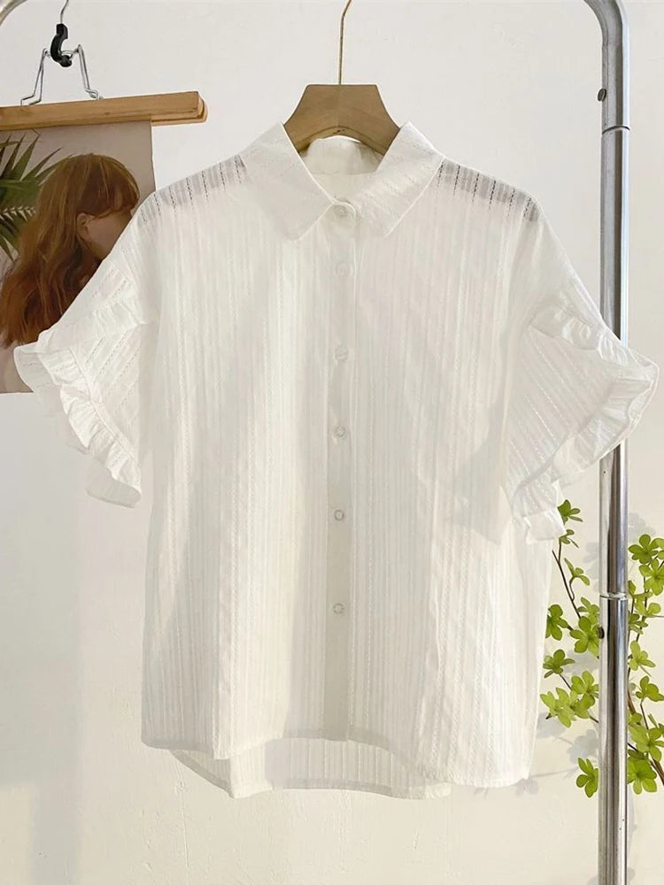 Fashion Casual White Shirt Women Sweet Flare Sleeve Cute Blouse Loose Preppy Style Female Summer Chic Simple All Match Tops voguable