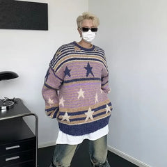 Voguable Y2K Star Sweater Men Harajuku Striped Knitted Pullovers Jumpers Male Tops Oversize Purple Winter Streetwear Hip Hop voguable