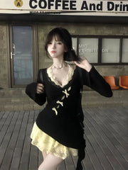 Fall Winter Women Y2k Shoujo Girl 2000s Kpop Korean Outfits 2 Piece Set Long Sleeve Tops + Coquette Ballet Core Mini Lace Dress voguable