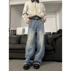 Jeans Men Loose Wide Leg Trousers Unisex low-rise jean Men's Denim Pants Old Blue Washed Male Jeans Straight Patchwork mop pants voguable
