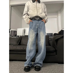 Men wear Loose Wide Leg Trousers Unisex low-rise jeans Men's Denim Pants Old Blue Washed Male Jeans Straight Patchwork mop pants