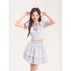 Voguable 2024 Summer Lolita Kawaii Suit Woman Lace Sweet Plaid Set Casual Short Tops Princess Party Y2k Mini Skirt Fashion Clothing Chic voguable