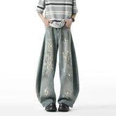 Men Blue Washed Denim Jeans Loose Fit Wide Leg Baggy Streetwear Casual Trousers Hip Hop Graffiti Design Fashion Stretch Comfort voguable