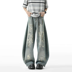 Men Blue Washed Denim Jeans Loose Fit Wide Leg Baggy Streetwear Casual Trousers Hip Hop Graffiti Design Fashion Stretch Comfort voguable