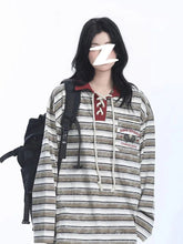 Retro Preppy Style Striped T Shirt Women Loose Long Sleeve American Retro Tees Fall New Letter Embroidery Lace Up Patchwork Tops voguable