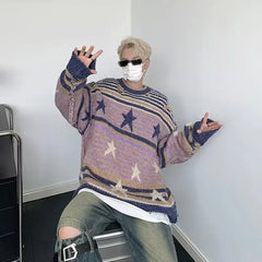 Voguable Y2K Star Sweater Men Harajuku Striped Knitted Pullovers Jumpers Male Tops Oversize Purple Winter Streetwear Hip Hop voguable