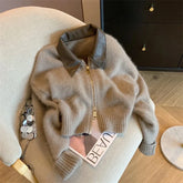 Spliced Leather Collar Knit Sweater Fashion Double Zipper Cardigan Women's Autumn/Winter New Soft Vintage Long Sleeve Streetwear voguable