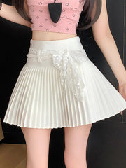 Lace Belt Pleated Skirt Women Sweet High Waist Sexy Mini Skirts Korean Fashion Casual Preppy Style Cute A Line Dance Skirt voguable