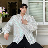 Voguable Reflect Light Plaid Design Elegant Long Sleeve Shirts Korean Fashion Men's Casual Tops 2024 Spring Trendy Clothes voguable