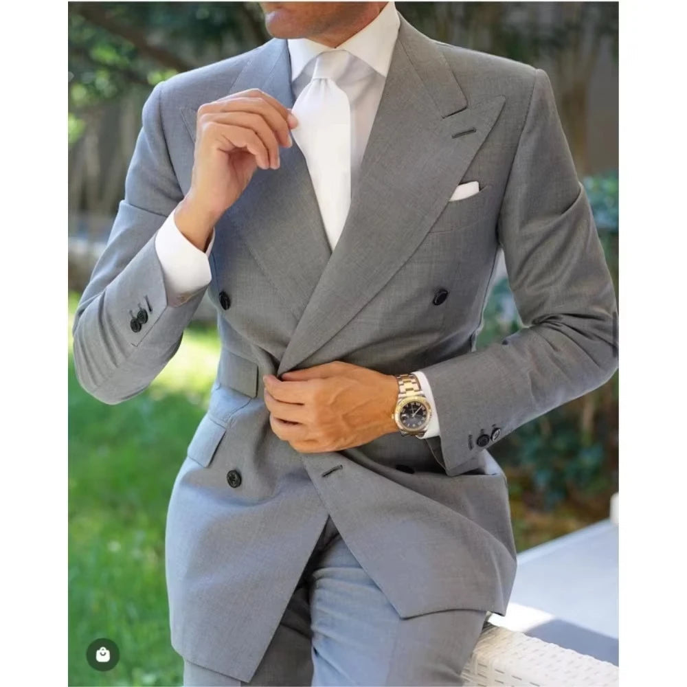 Voguable Classic Men Suits 2 Pieces Slim Fit Peaked Lapel Business Tuxedos for Formal Wedding Groom Dress Double Breasted Blazers voguable