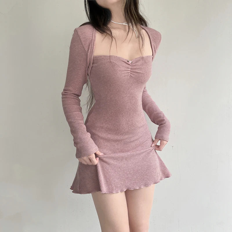 Cute Coquette Pink A-line Mini Dress Fairycore Sweet Full Sleeve Square Collar Short Dresses for Women Spring Autumn y2k voguable