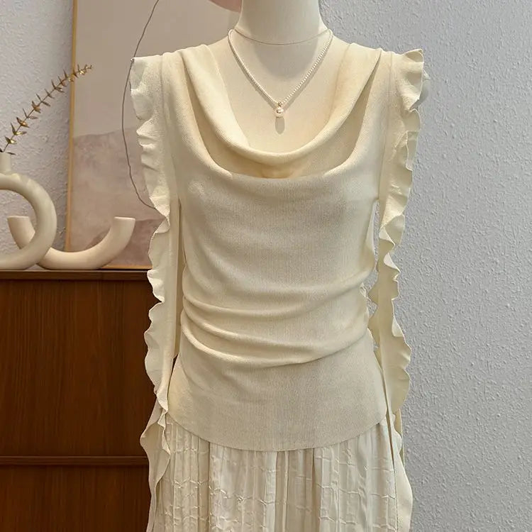 Voguable Premium Minority Flying Sleeve Knit Tshirts Draped Neckline Lace Up Unique Mujer Camisetas Slim Elegant Casual Moda Tops voguable
