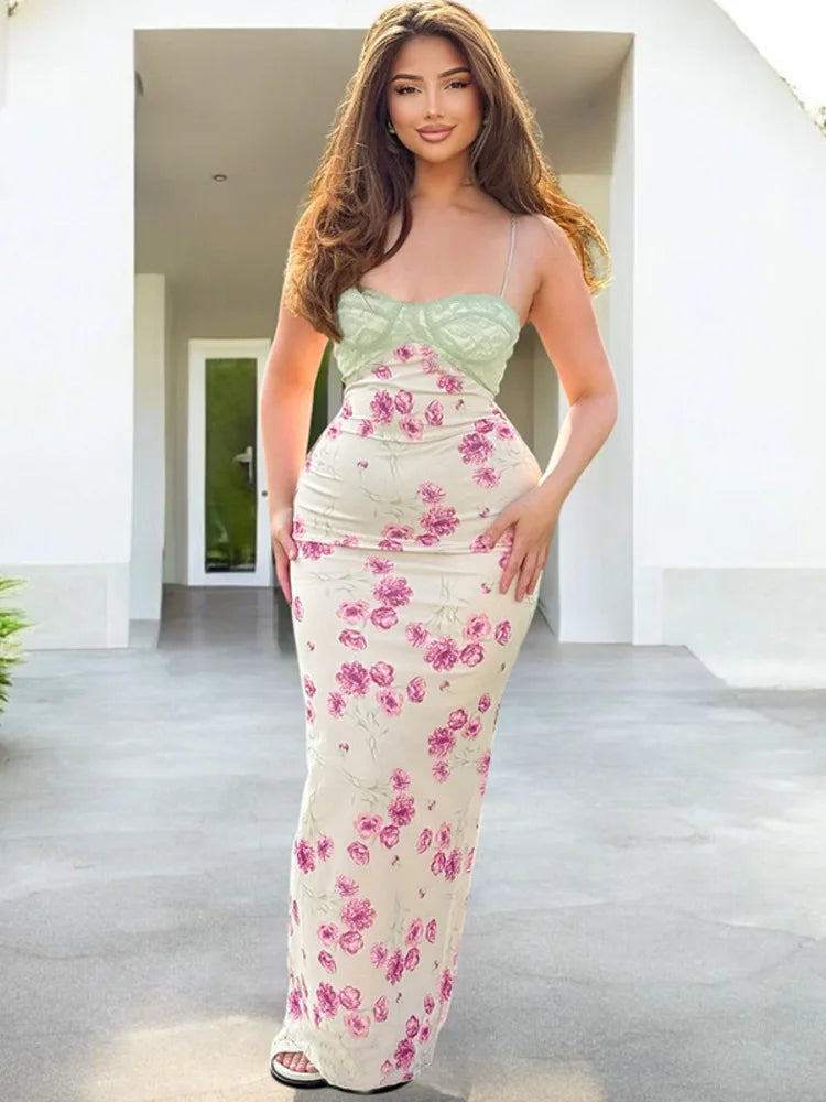 Lace Print Spaghetti Strap Sexy Maxi Dress Women Elegant Off-shoulder Sleeveless Backless High Waist Bodycon Dress voguable