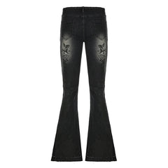 Streetwear y2k Flare Jeans Distressed 2000s Floral Print Low Rise Slim Denim Pants Korean Women Trousers Retro Mom Jeans voguable