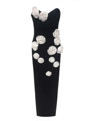 Solid 3D Flowers Spliced Design Dresses Women's Strapless Sleeveless High Waist Slim Elegant Dress Autumn 2025 New voguable