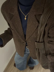 Retro Faux Woolen Blazer Coat Women Harajuku Long Sleeve Fall Winter Y2K Jacket Streetwear American Casual Lady Suit Coat voguable