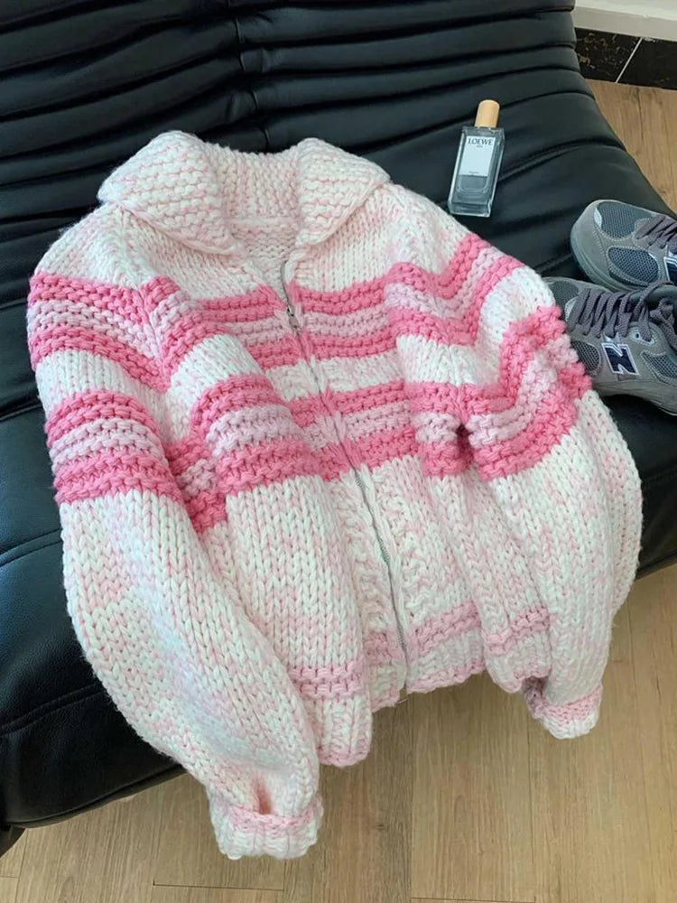 Lazy Wind Women Sweet Cute Cardigan Sweaters Vintage Striped Long Sleeve Loose Knitted Jacket Fall Winter Soft Warm Female Tops voguable