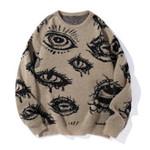 New American Trendy Men Sweater High Street Dark Eyes Printed Knit O Neck Long Sleeve Pullover Casual Loose High Street Knitwear voguable