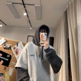Voguable Hoodies men fake two-piece sweatshirt autumn stitching Korean loose contrast color hooded long-sleeved black white gray design voguable