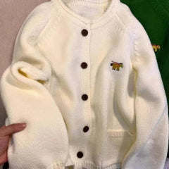 Autumn Winter Women Green Sweaters Coats O-Neck Pockets Embroid Button Fashion Sweet Lazy Wind Long Sleeve Cardigan Knit Tops voguable